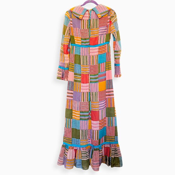 vintage 70's handmade metal zipper pastel rainbow patchwork madras midi dress - Picture 6 of 11